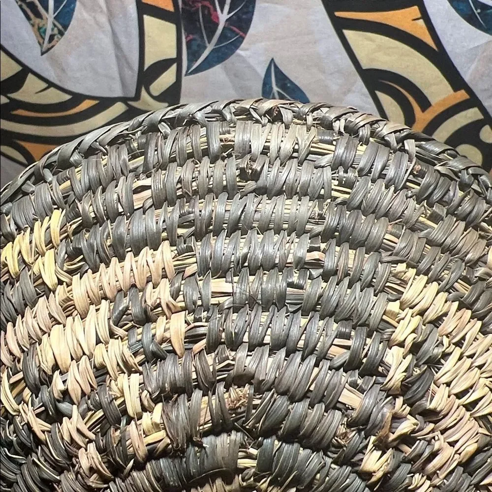 Vintage Hand-Coiled Native American Basket Tray, Southwestern Geometric Design,